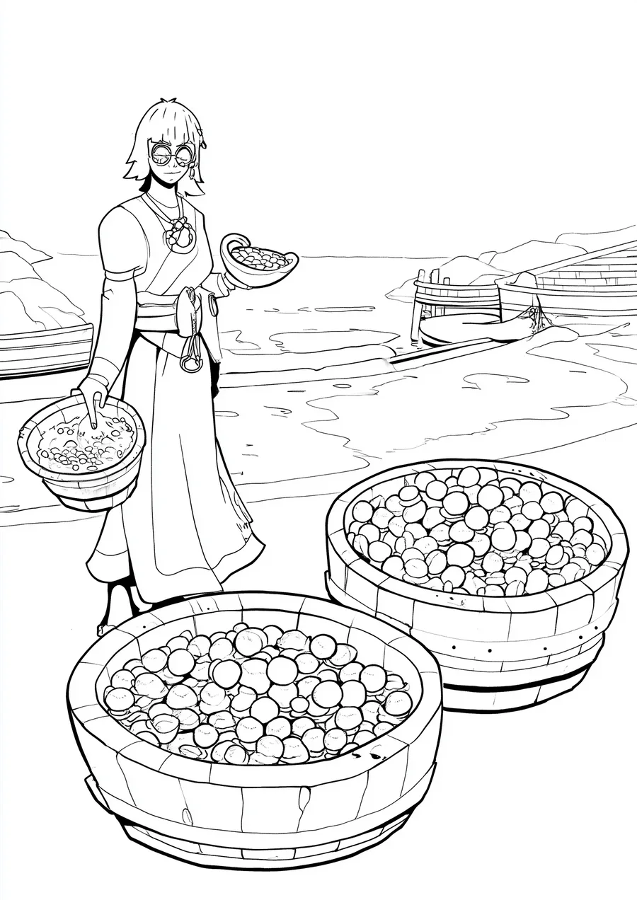 Colouring page: Pearl carrying baskets of tiny baby oysters on the shore, with tubs of seed beside her and workboats behind